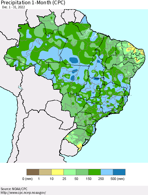 Brazil Precipitation 1-Month (CPC) Thematic Map For 12/1/2022 - 12/31/2022