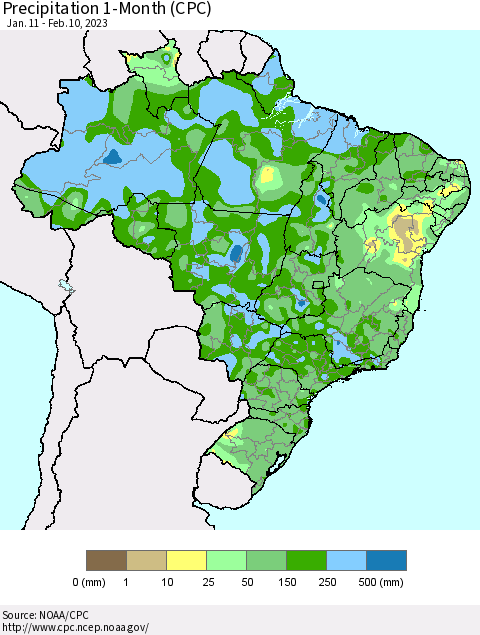 Brazil Precipitation 1-Month (CPC) Thematic Map For 1/11/2023 - 2/10/2023
