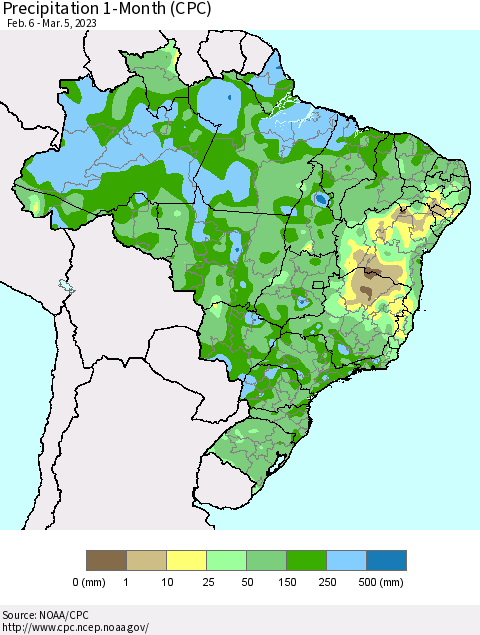 Brazil Precipitation 1-Month (CPC) Thematic Map For 2/6/2023 - 3/5/2023