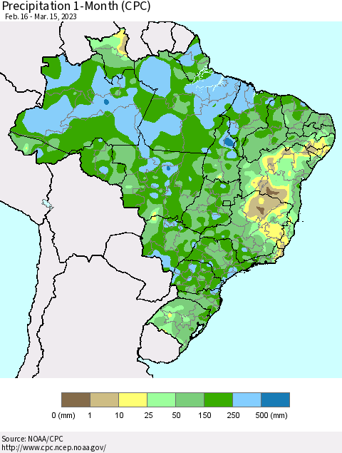 Brazil Precipitation 1-Month (CPC) Thematic Map For 2/16/2023 - 3/15/2023