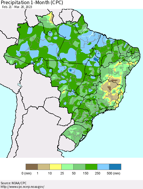 Brazil Precipitation 1-Month (CPC) Thematic Map For 2/21/2023 - 3/20/2023