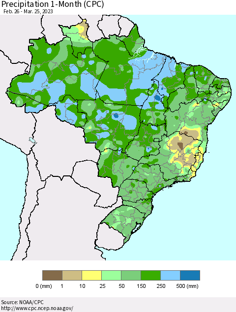 Brazil Precipitation 1-Month (CPC) Thematic Map For 2/26/2023 - 3/25/2023