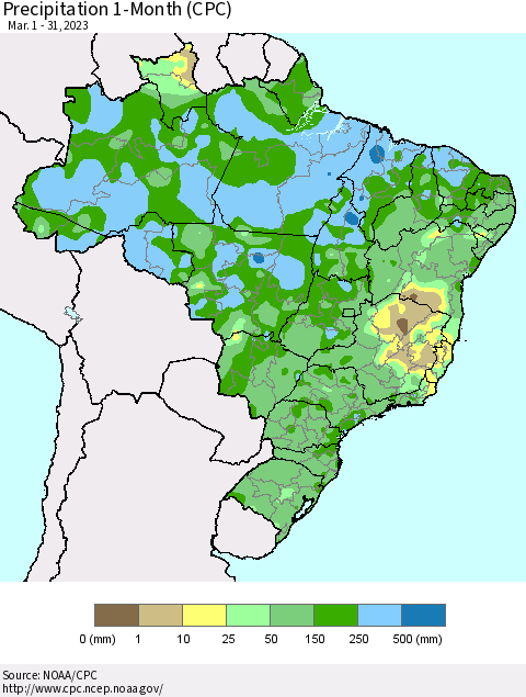 Brazil Precipitation 1-Month (CPC) Thematic Map For 3/1/2023 - 3/31/2023
