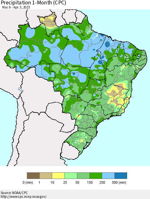 Brazil Precipitation 1-Month (CPC) Thematic Map For 3/6/2023 - 4/5/2023