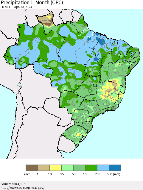 Brazil Precipitation 1-Month (CPC) Thematic Map For 3/11/2023 - 4/10/2023