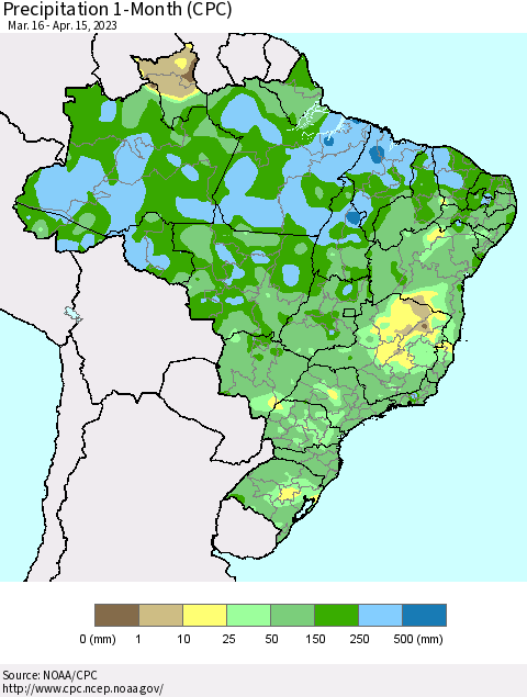 Brazil Precipitation 1-Month (CPC) Thematic Map For 3/16/2023 - 4/15/2023