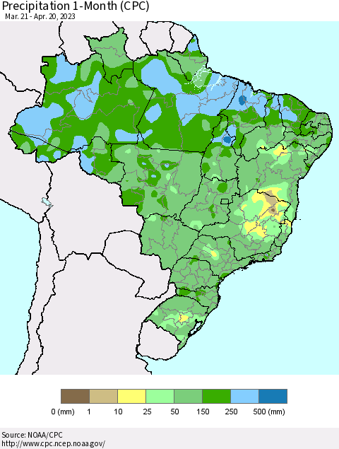 Brazil Precipitation 1-Month (CPC) Thematic Map For 3/21/2023 - 4/20/2023