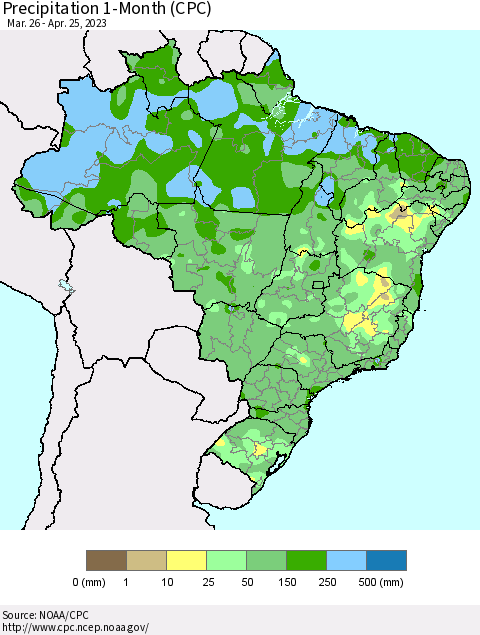 Brazil Precipitation 1-Month (CPC) Thematic Map For 3/26/2023 - 4/25/2023