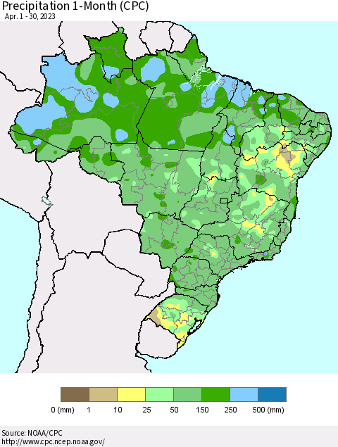 Brazil Precipitation 1-Month (CPC) Thematic Map For 4/1/2023 - 4/30/2023