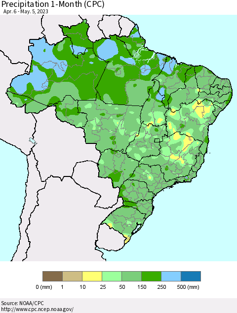 Brazil Precipitation 1-Month (CPC) Thematic Map For 4/6/2023 - 5/5/2023