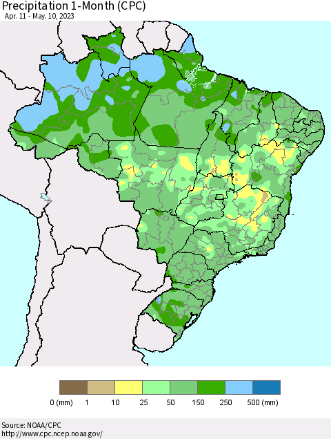 Brazil Precipitation 1-Month (CPC) Thematic Map For 4/11/2023 - 5/10/2023