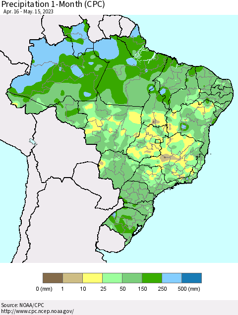 Brazil Precipitation 1-Month (CPC) Thematic Map For 4/16/2023 - 5/15/2023