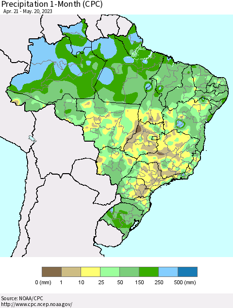 Brazil Precipitation 1-Month (CPC) Thematic Map For 4/21/2023 - 5/20/2023