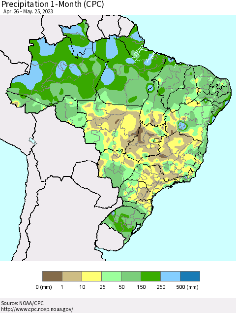 Brazil Precipitation 1-Month (CPC) Thematic Map For 4/26/2023 - 5/25/2023