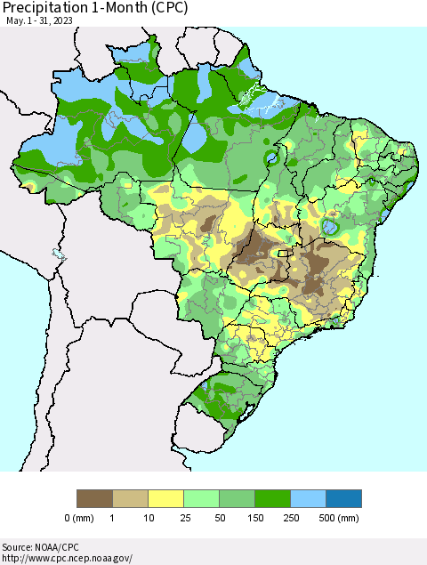 Brazil Precipitation 1-Month (CPC) Thematic Map For 5/1/2023 - 5/31/2023