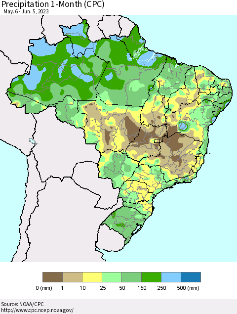 Brazil Precipitation 1-Month (CPC) Thematic Map For 5/6/2023 - 6/5/2023