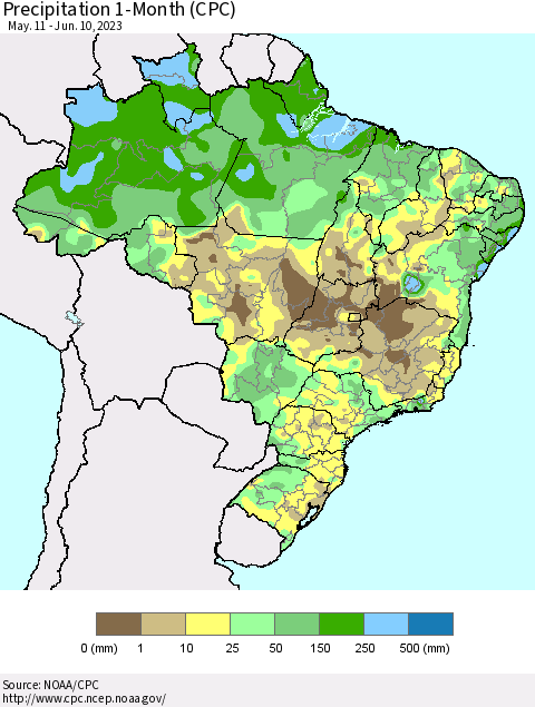 Brazil Precipitation 1-Month (CPC) Thematic Map For 5/11/2023 - 6/10/2023