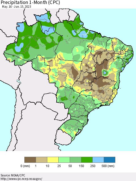 Brazil Precipitation 1-Month (CPC) Thematic Map For 5/16/2023 - 6/15/2023