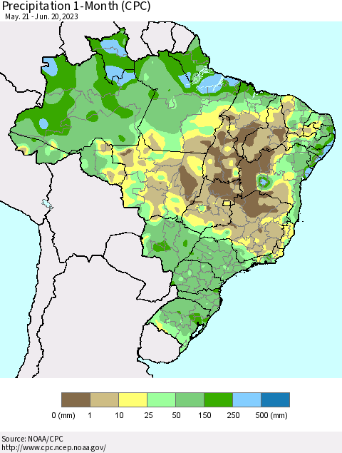 Brazil Precipitation 1-Month (CPC) Thematic Map For 5/21/2023 - 6/20/2023