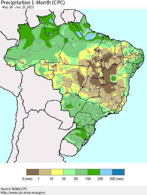 Brazil Precipitation 1-Month (CPC) Thematic Map For 5/26/2023 - 6/25/2023