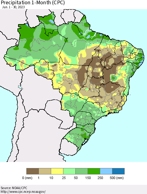 Brazil Precipitation 1-Month (CPC) Thematic Map For 6/1/2023 - 6/30/2023