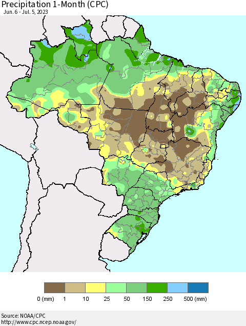 Brazil Precipitation 1-Month (CPC) Thematic Map For 6/6/2023 - 7/5/2023