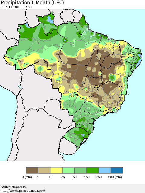 Brazil Precipitation 1-Month (CPC) Thematic Map For 6/11/2023 - 7/10/2023