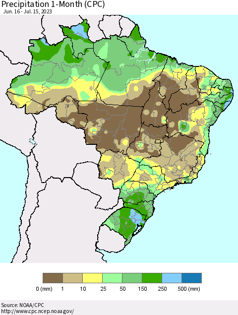 Brazil Precipitation 1-Month (CPC) Thematic Map For 6/16/2023 - 7/15/2023