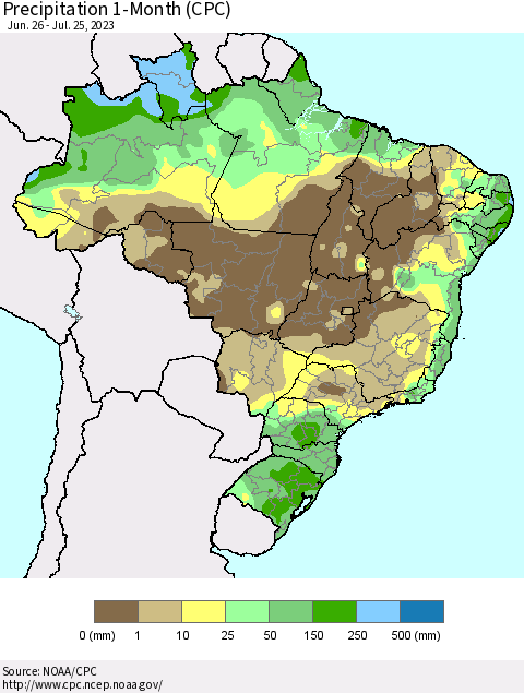Brazil Precipitation 1-Month (CPC) Thematic Map For 6/26/2023 - 7/25/2023