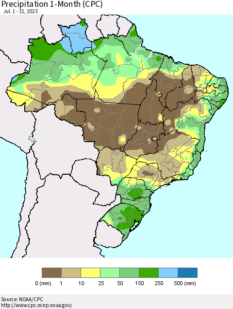 Brazil Precipitation 1-Month (CPC) Thematic Map For 7/1/2023 - 7/31/2023