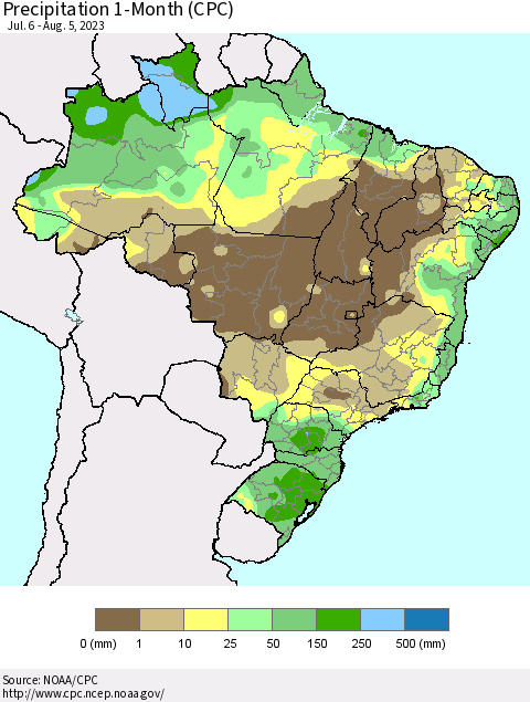 Brazil Precipitation 1-Month (CPC) Thematic Map For 7/6/2023 - 8/5/2023