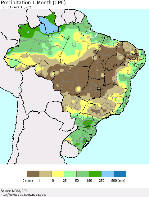 Brazil Precipitation 1-Month (CPC) Thematic Map For 7/11/2023 - 8/10/2023