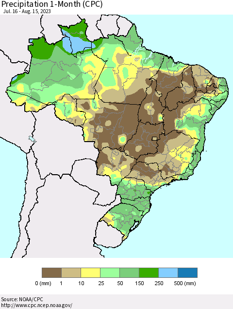 Brazil Precipitation 1-Month (CPC) Thematic Map For 7/16/2023 - 8/15/2023