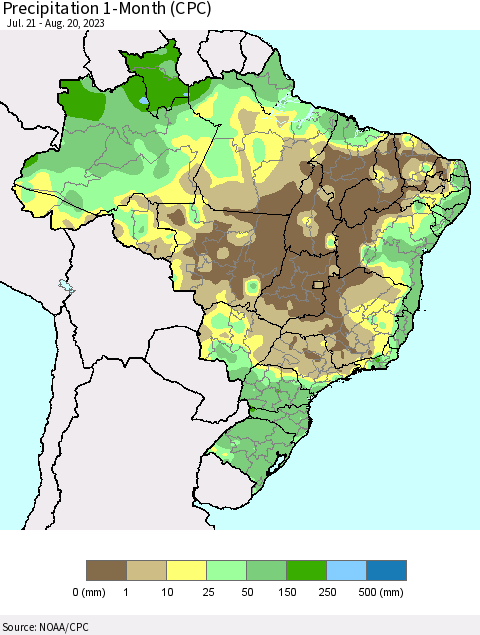 Brazil Precipitation 1-Month (CPC) Thematic Map For 7/21/2023 - 8/20/2023