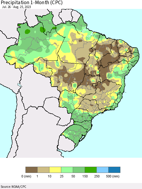 Brazil Precipitation 1-Month (CPC) Thematic Map For 7/26/2023 - 8/25/2023