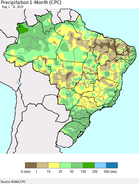 Brazil Precipitation 1-Month (CPC) Thematic Map For 8/1/2023 - 8/31/2023