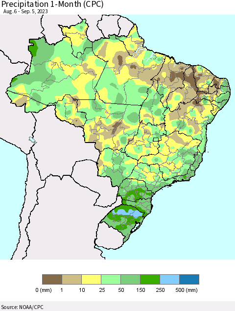 Brazil Precipitation 1-Month (CPC) Thematic Map For 8/6/2023 - 9/5/2023