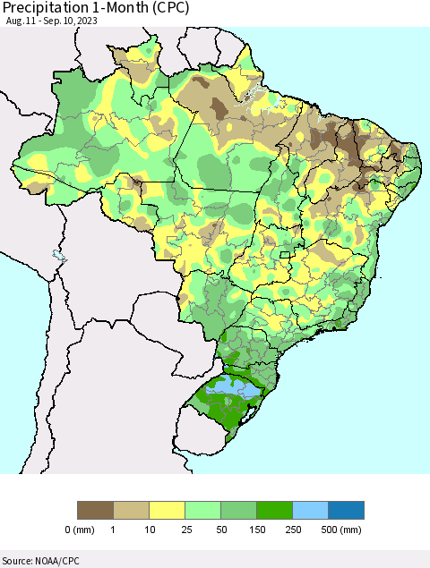 Brazil Precipitation 1-Month (CPC) Thematic Map For 8/11/2023 - 9/10/2023