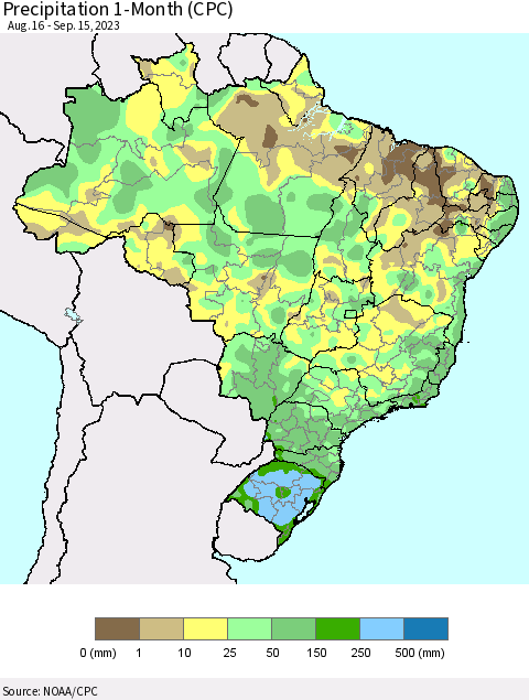 Brazil Precipitation 1-Month (CPC) Thematic Map For 8/16/2023 - 9/15/2023
