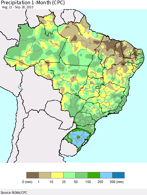 Brazil Precipitation 1-Month (CPC) Thematic Map For 8/21/2023 - 9/20/2023