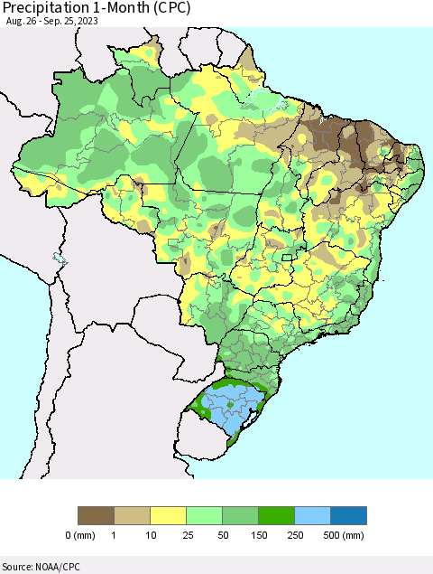 Brazil Precipitation 1-Month (CPC) Thematic Map For 8/26/2023 - 9/25/2023