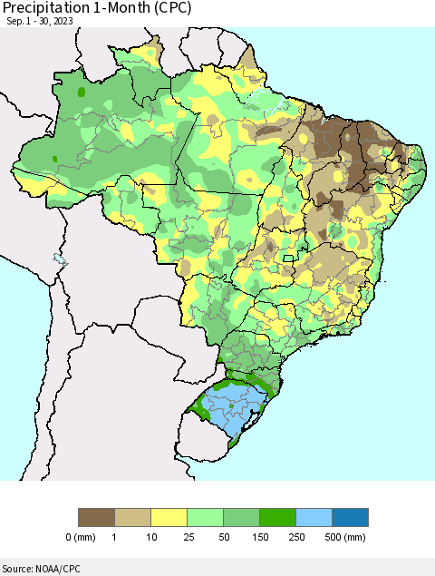 Brazil Precipitation 1-Month (CPC) Thematic Map For 9/1/2023 - 9/30/2023
