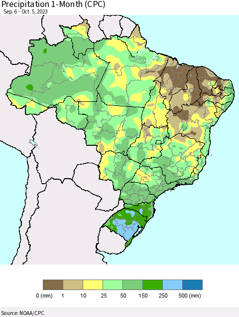 Brazil Precipitation 1-Month (CPC) Thematic Map For 9/6/2023 - 10/5/2023