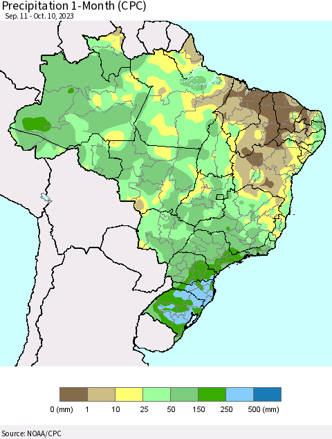 Brazil Precipitation 1-Month (CPC) Thematic Map For 9/11/2023 - 10/10/2023