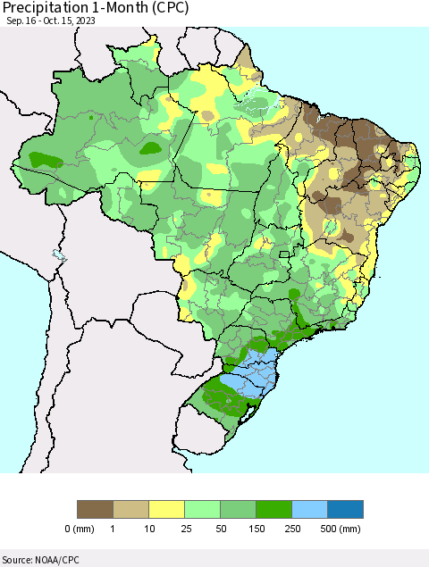 Brazil Precipitation 1-Month (CPC) Thematic Map For 9/16/2023 - 10/15/2023