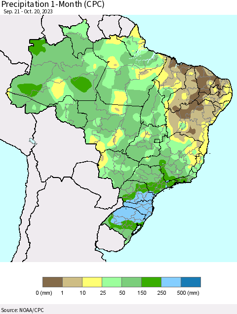 Brazil Precipitation 1-Month (CPC) Thematic Map For 9/21/2023 - 10/20/2023