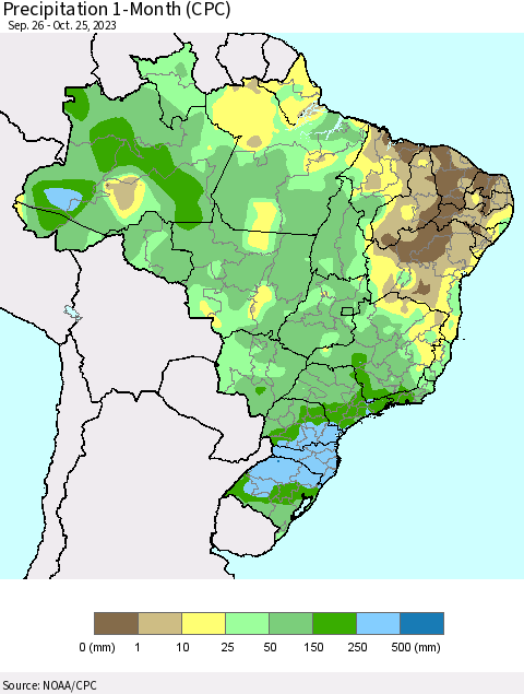 Brazil Precipitation 1-Month (CPC) Thematic Map For 9/26/2023 - 10/25/2023