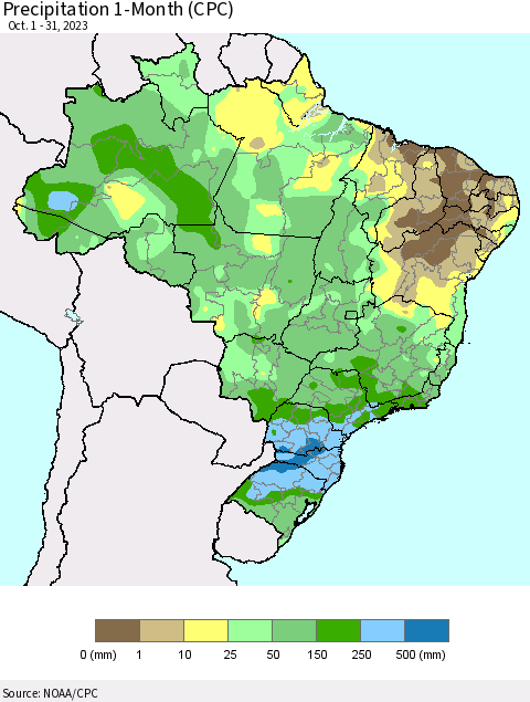 Brazil Precipitation 1-Month (CPC) Thematic Map For 10/1/2023 - 10/31/2023
