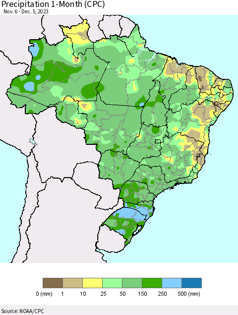 Brazil Precipitation 1-Month (CPC) Thematic Map For 11/6/2023 - 12/5/2023