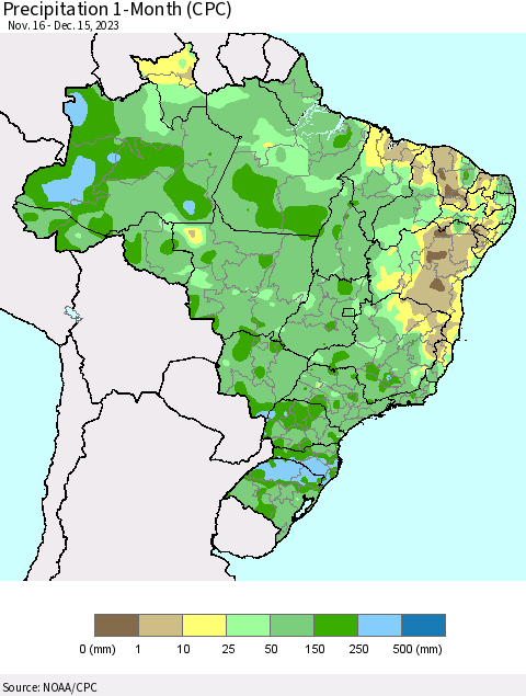 Brazil Precipitation 1-Month (CPC) Thematic Map For 11/16/2023 - 12/15/2023